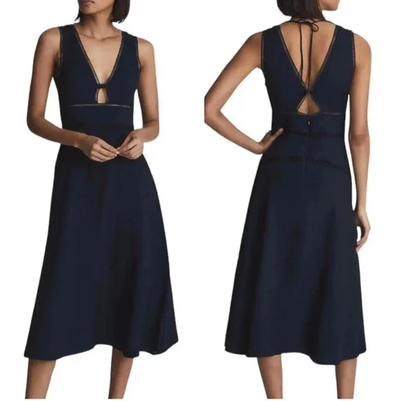 NWT Reiss Leena Embroidered Midi Dress Navy size 4 - Picture 1 of 3